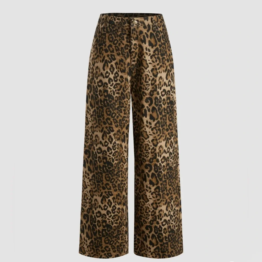 DENIM MID WAIST LEOPARD WIDE LEG PANTS - Picture 1 of 4
